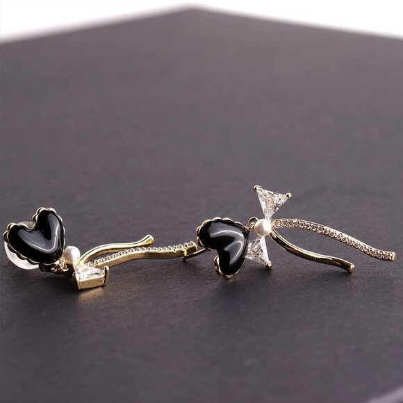 Women's Heart Black Dangle Sparkly Cubic Zirconia Crystal Rhinestone Earring - Picture 7 of 7